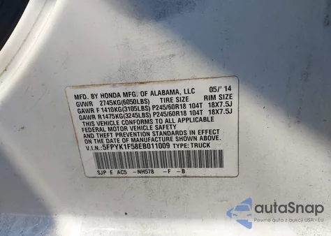 2014 Honda Ridgeline Rtl from USA, damaged, VIN 5FPYK1F58EB011009